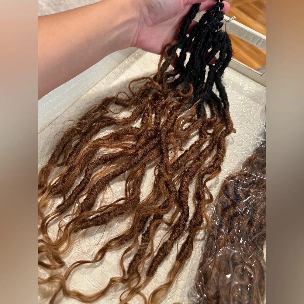 24” Ombre Brown Boho Synthetic Locs with Human Hair Curls 8 Pks‎ Pre-Looped #QC2